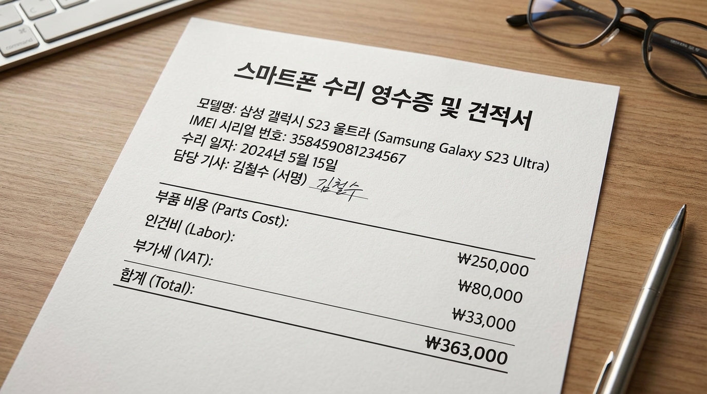 전산 영수증과 수리 내역서에 IMEI 번호와 수리 일자, 기사 서명, 부품비와 공임비가 명확히 표기된 모습