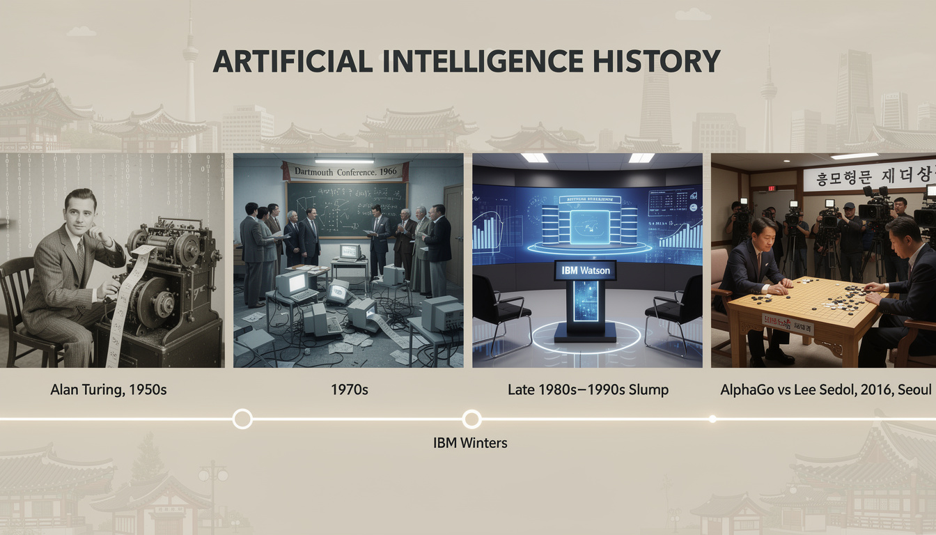 인공지능 역사의 주요 사건을 연대순으로 보여주는 한국 배경의 타임라인 콜라주