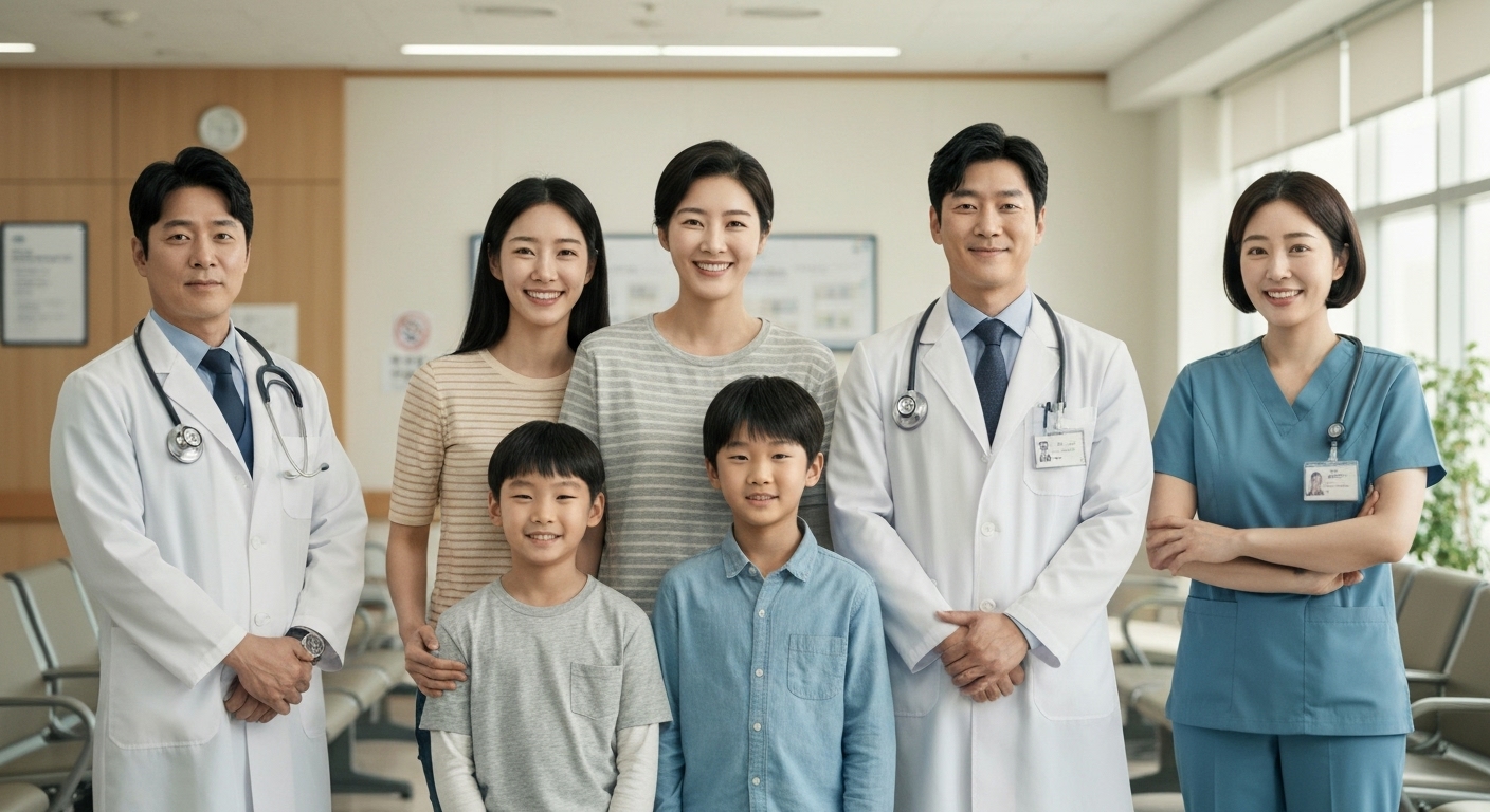 한국인 가족과 의료진이 함께 있는 안전과 건강을 상징하는 이미지