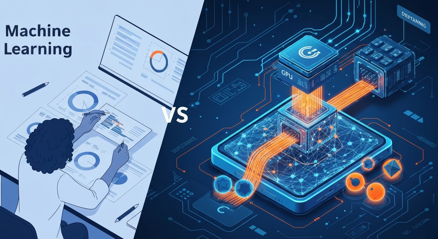 머신러닝과 딥러닝의 핵심 차이점을 나타낸 비교 인포그래픽 이미지