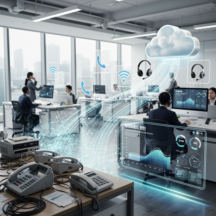 한국 기업 사무실에서 아날로그 전화기에서 클라우드 인터넷 전화로 변환되는 디지털 전환 이미지
