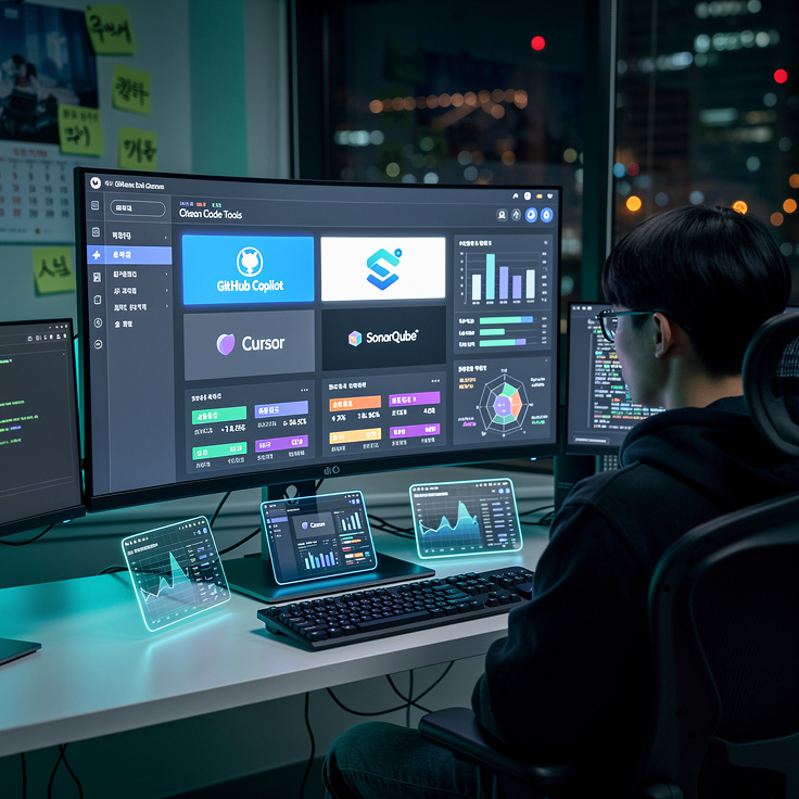 2026년 최신 클린 코드 작성 도구들의 디지털 대시보드와 비교 차트