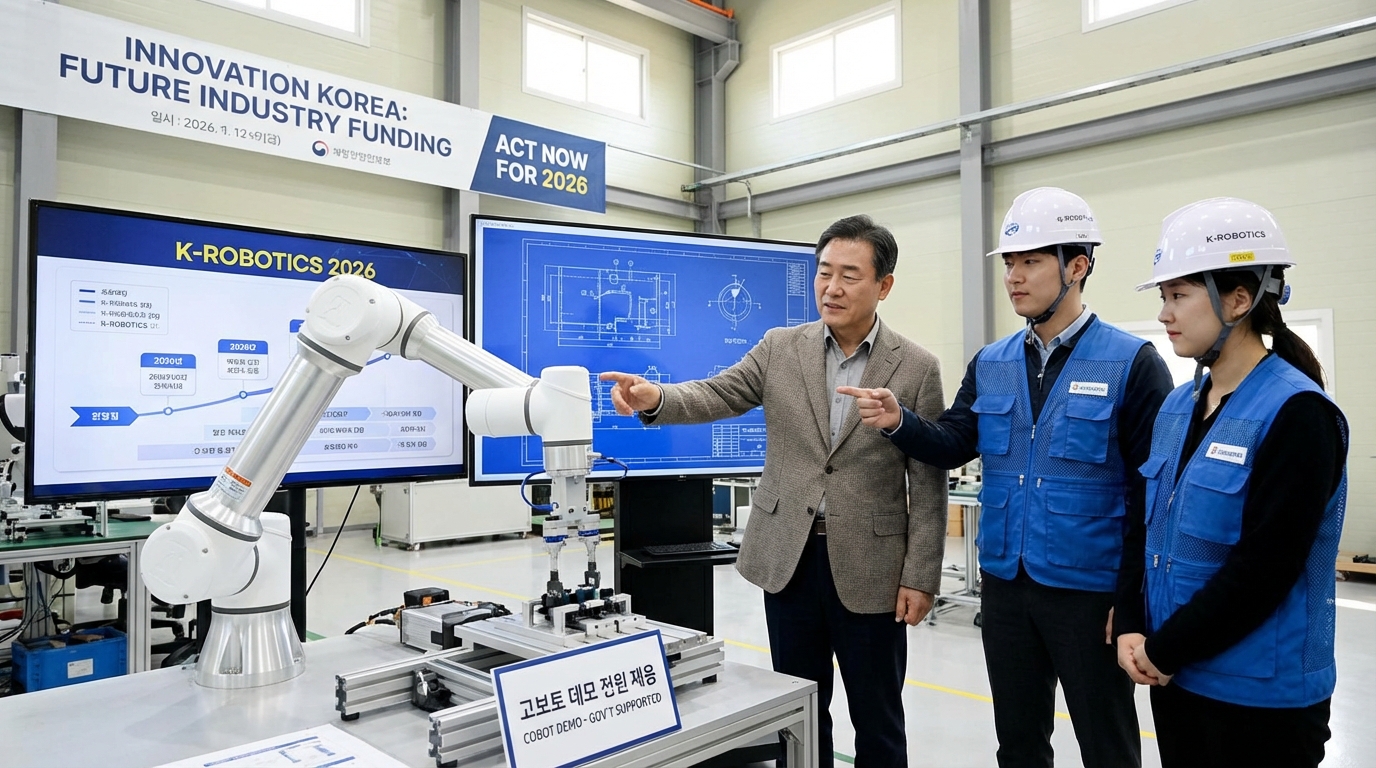 한국 공장 관리자와 엔지니어들이 협동로봇 도입과 지원사업을 논의하는 모습