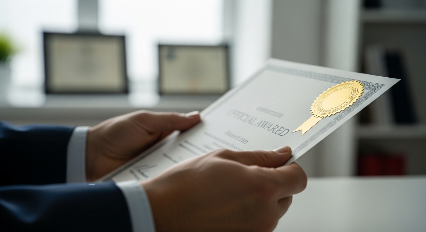 국가 공인 자격의 신뢰성을 상징하는, 금장 씰이 찍힌 위촉장을 두 손으로 소중히 들고 있는 모습