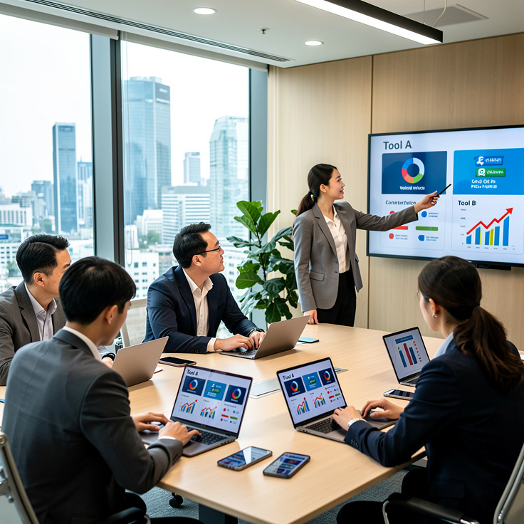 한국의 다양한 직원들이 모바일과 노트북을 사용해 두 가지 디지털 협업툴 선택에 대해 논의하는 비즈니스 미팅 장면
