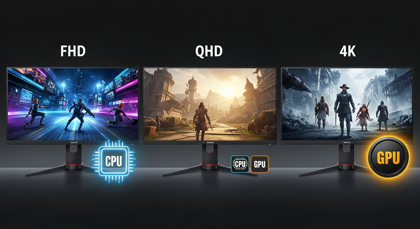 FHD, QHD, 4K 해상도별 게임 화면과 성능 의존도를 시각적으로 비교한 이미지