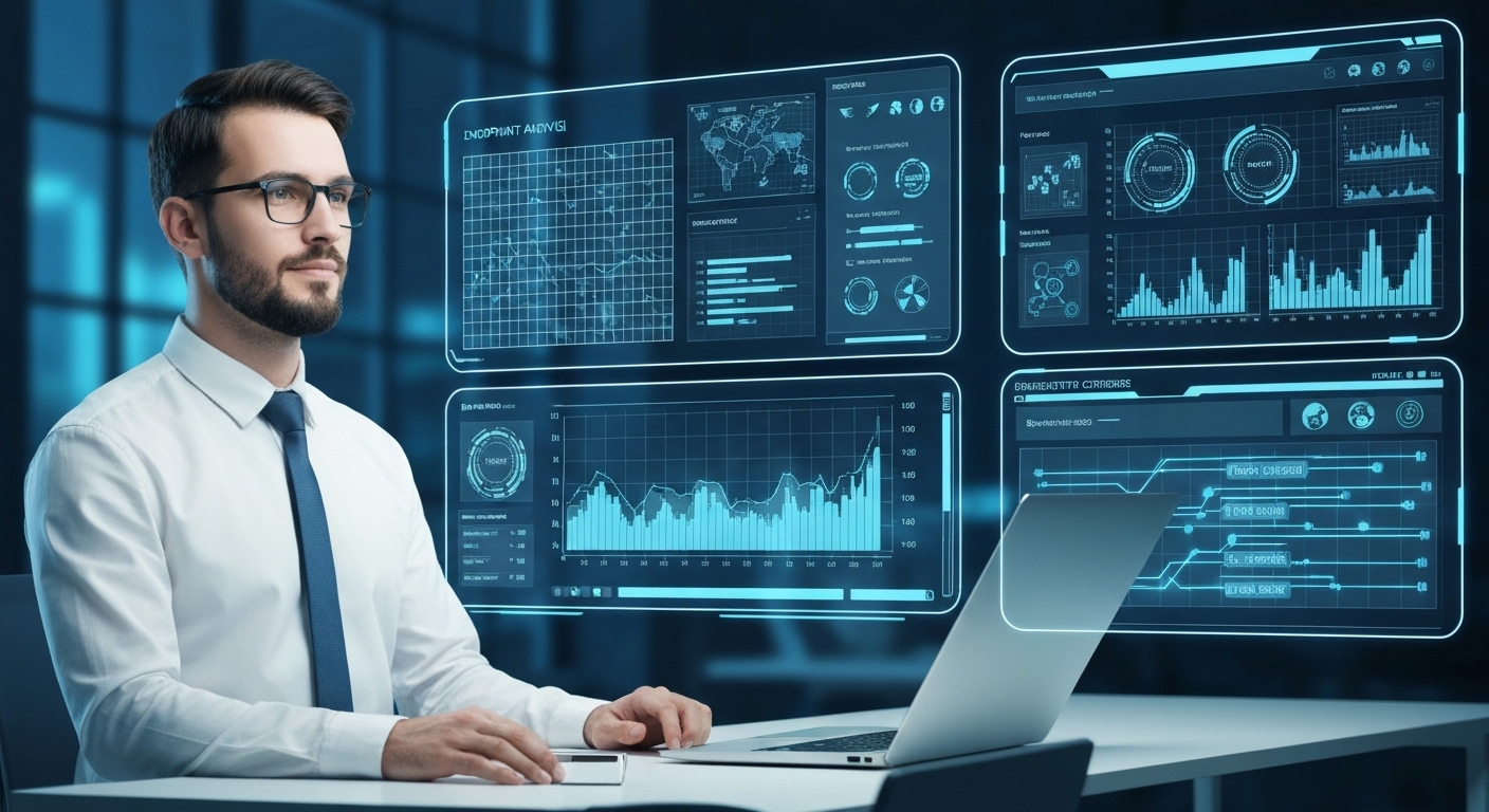 보안 전문가가 방화벽, EDR 등 다층적인 정보보안 솔루션 대시보드를 감독하는 이미지