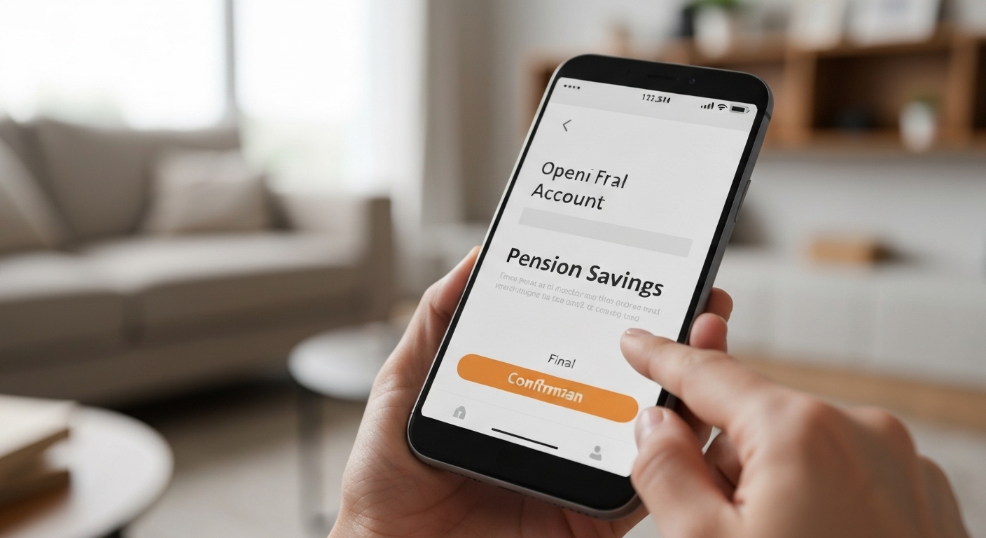 스마트폰 앱을 이용해 간편하게 연금저축 계좌를 개설하는 손 클로즈업 이미지
