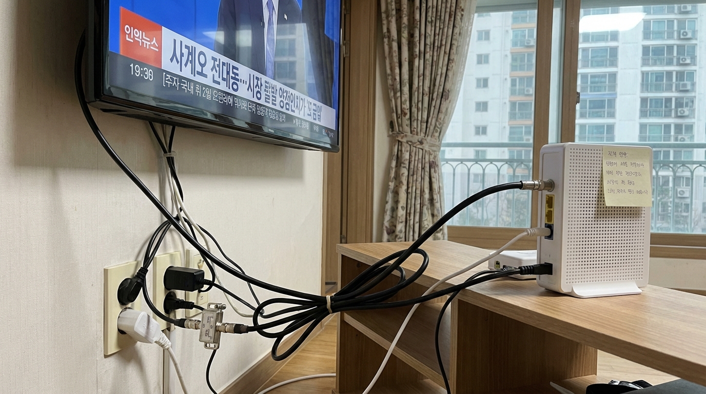 비대칭형 인터넷에서 사용되는 굵은 동축케이블이 연결된 한국 아파트 모뎀