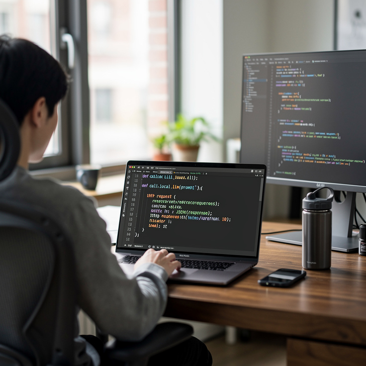 로컬 LLM API를 이용한 Python 개발 코딩 작업 중인 한국 개발자 모습