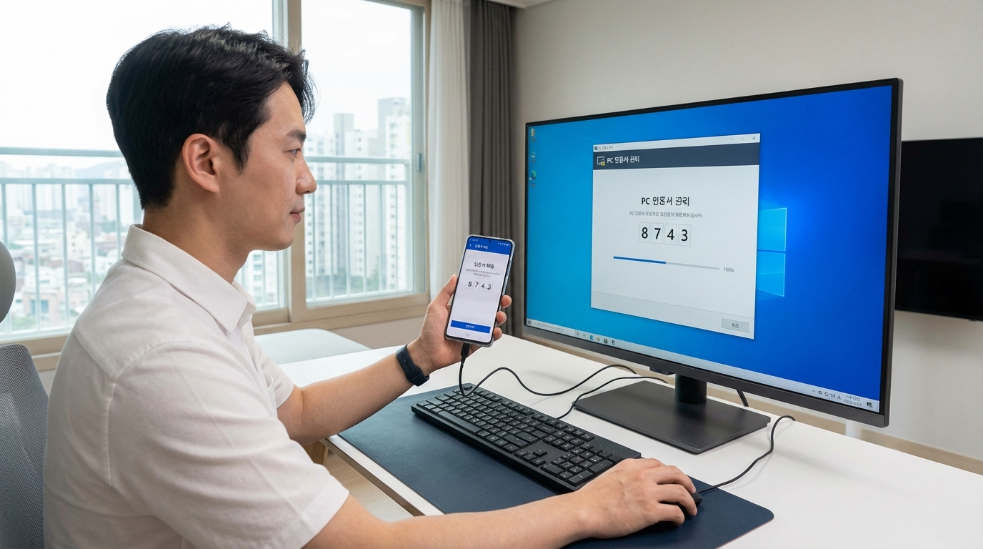 한국인이 스마트폰에서 PC로 공동인증서를 복사하는 모습