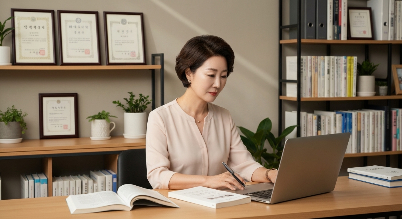 지속적인 학습과 자격증 취득을 위해 공부하는 한국 중장년 여성 모습