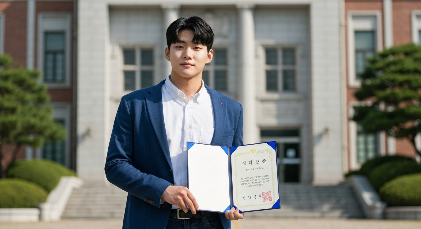 국가장학금 수혜로 성공을 거둔 자신감 있는 한국 대학생이 장학증서와 함께 대학 건물 앞에 서 있는 모습