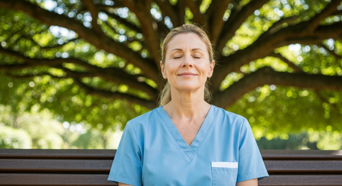 공원 벤치에 앉아 잠시 눈을 감고 편안하게 휴식을 취하고 있는 치매 보호자의 모습