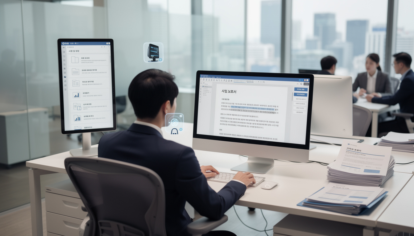 한국 업무 환경에서 AI가 문서 초안을 자동 작성하는 모습
