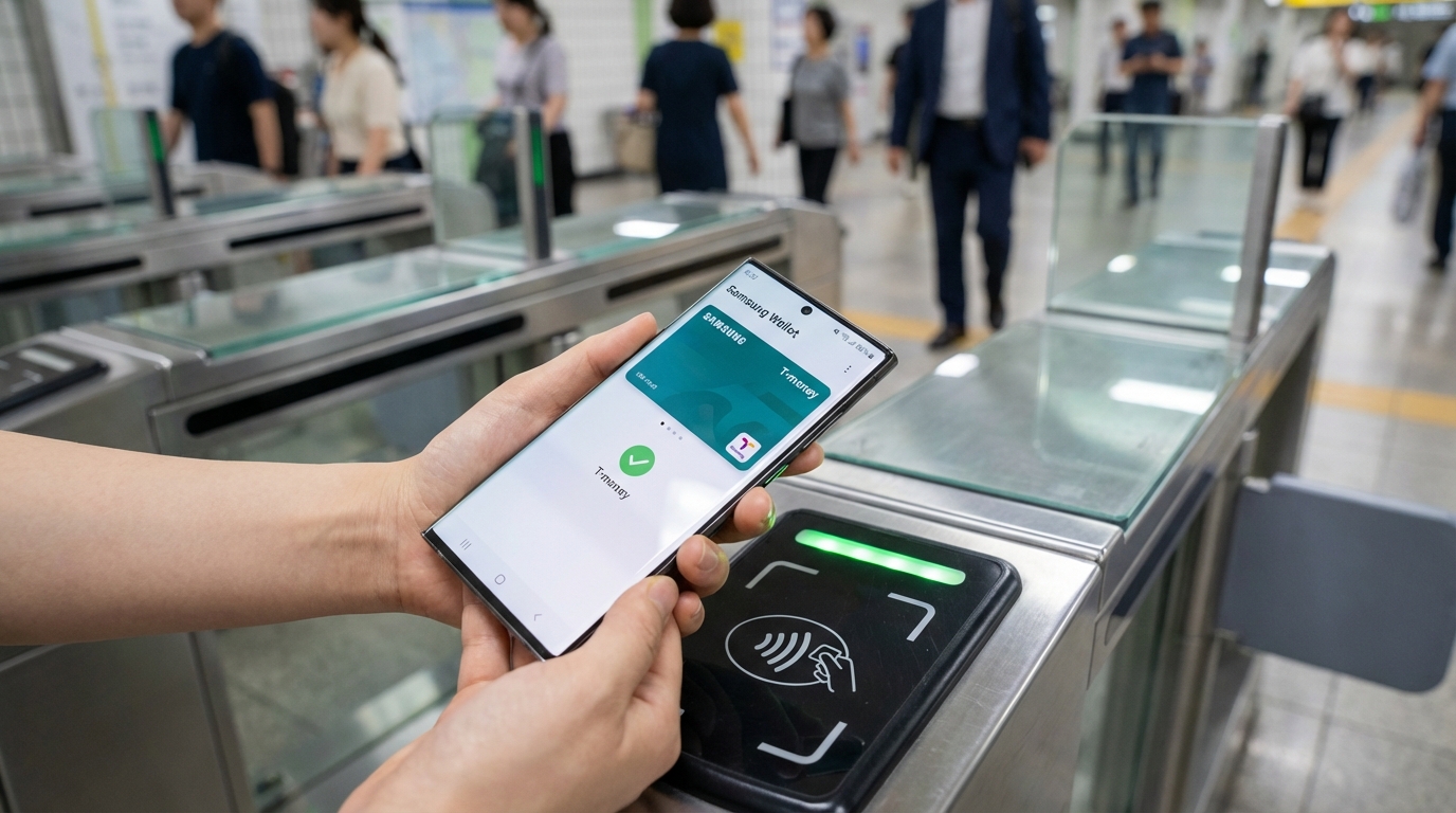 한국 지하철 개찰구에서 삼성월렛 교통카드 기능을 사용하는 모습