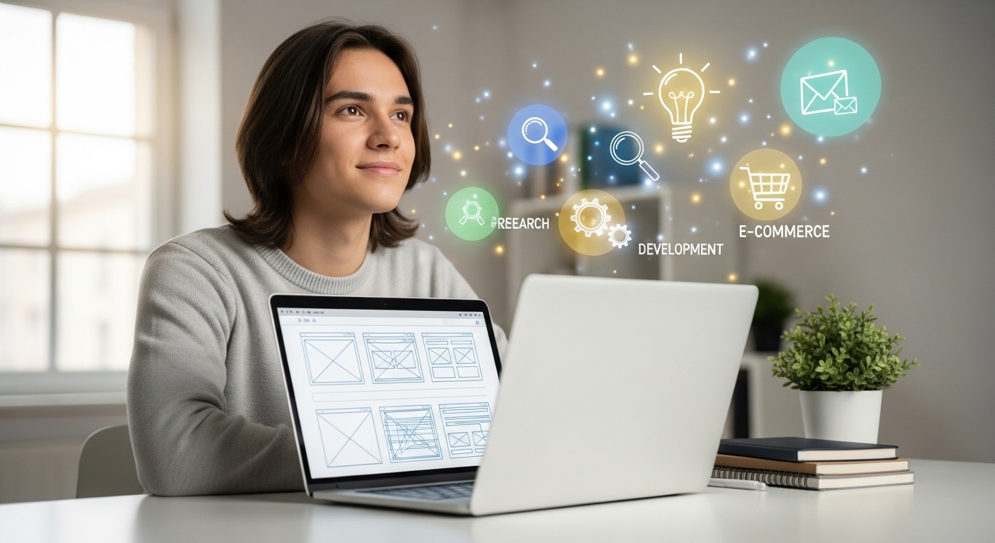 노트북 앞에서 웹사이트 제작을 구상하는 초보자