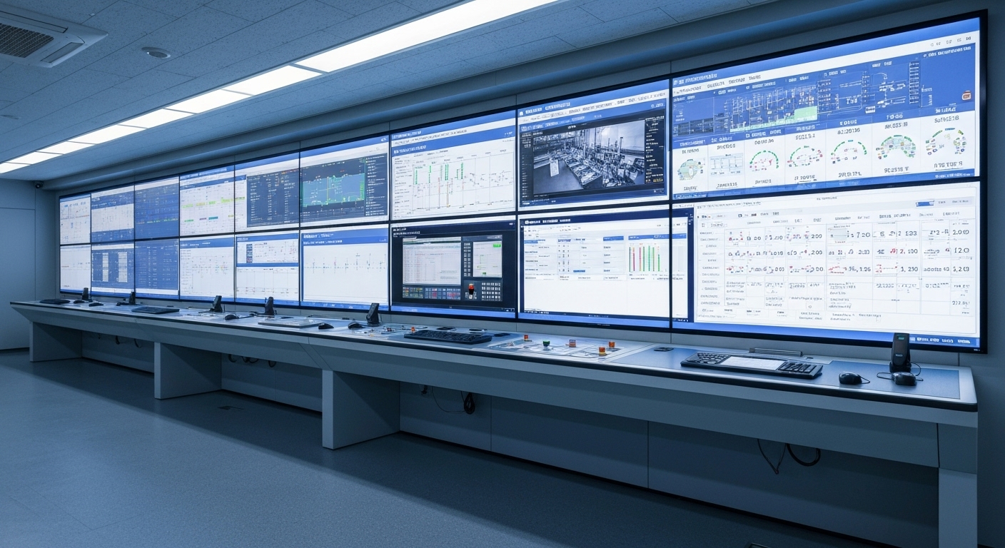 스마트 공장 내 실시간 데이터와 작업 흐름이 표시된 제어실
