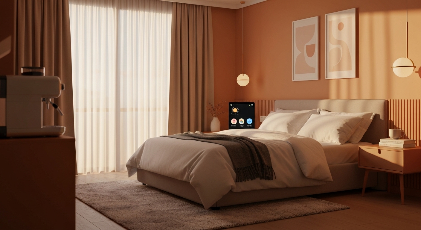 아침 햇살이 비치는 침실에서 자동으로 커튼이 열리고 커피가 준비되는 스마트 홈의 모습
