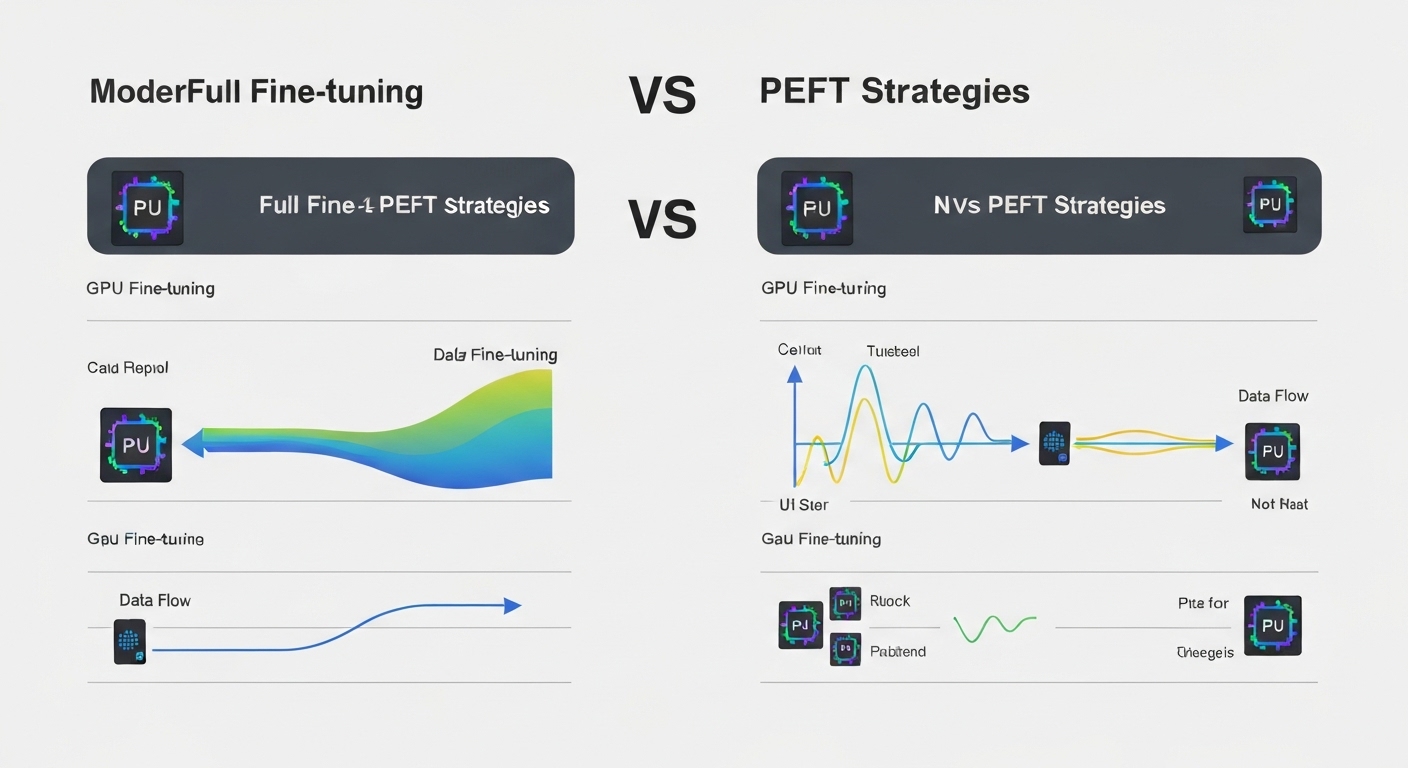 전체 모델 파인튜닝과 PEFT 전략을 비교하는 인포그래픽 차트