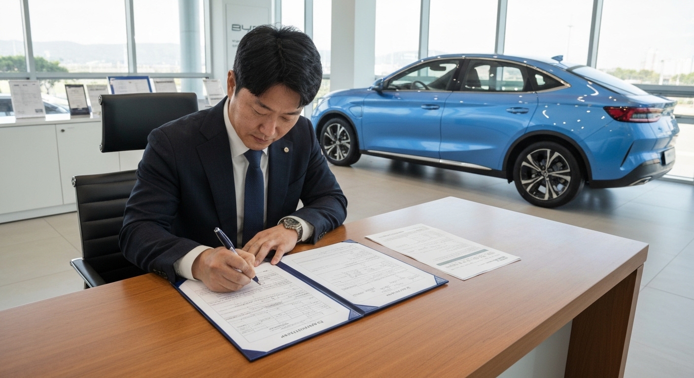 BYD 전시장 구매 계약 및 보조금 신청 절차를 진행하는 모습