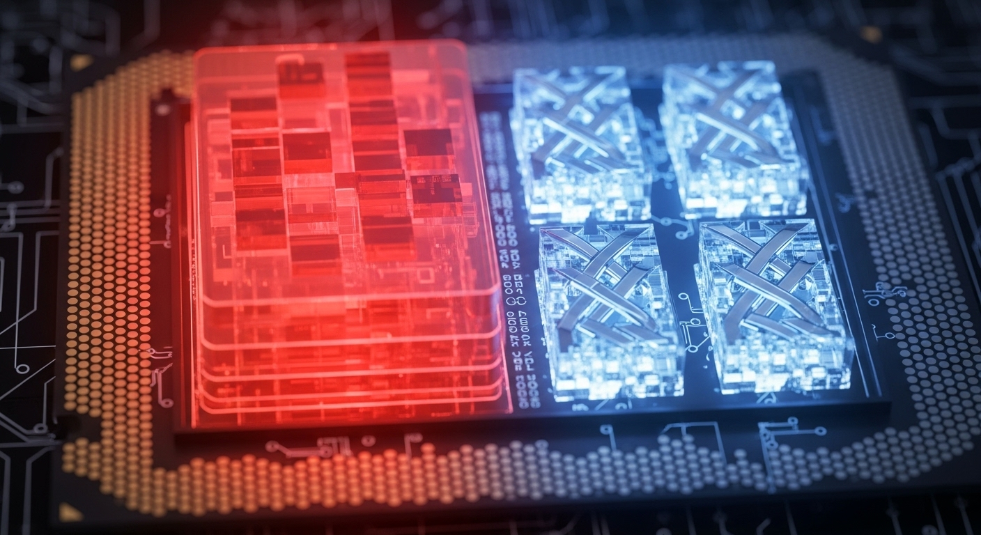 AMD의 3D V-Cache 기술과 인텔의 하이브리드 아키텍처를 시각적으로 표현한 CPU 이미지