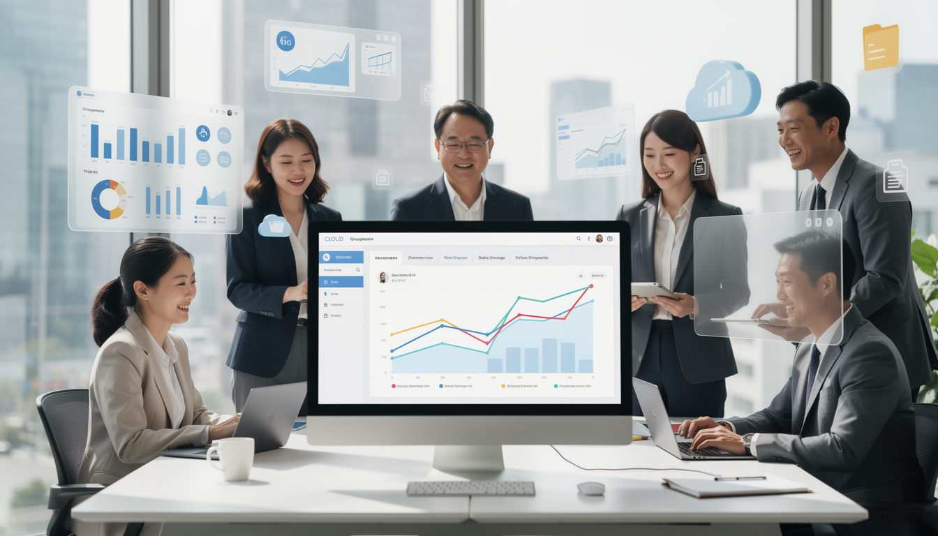 성장하는 한국 기업 팀이 디지털 인터페이스를 통해 클라우드 그룹웨어 사용을 손쉽게 확장하는 모습