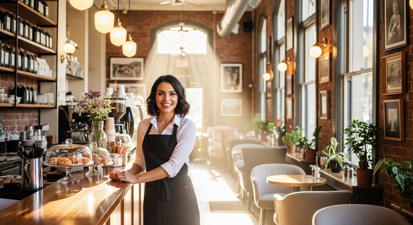 AI 마케팅 도입 후 성공을 거둔 카페 사장님이 고객과 행복하게 소통하는 모습