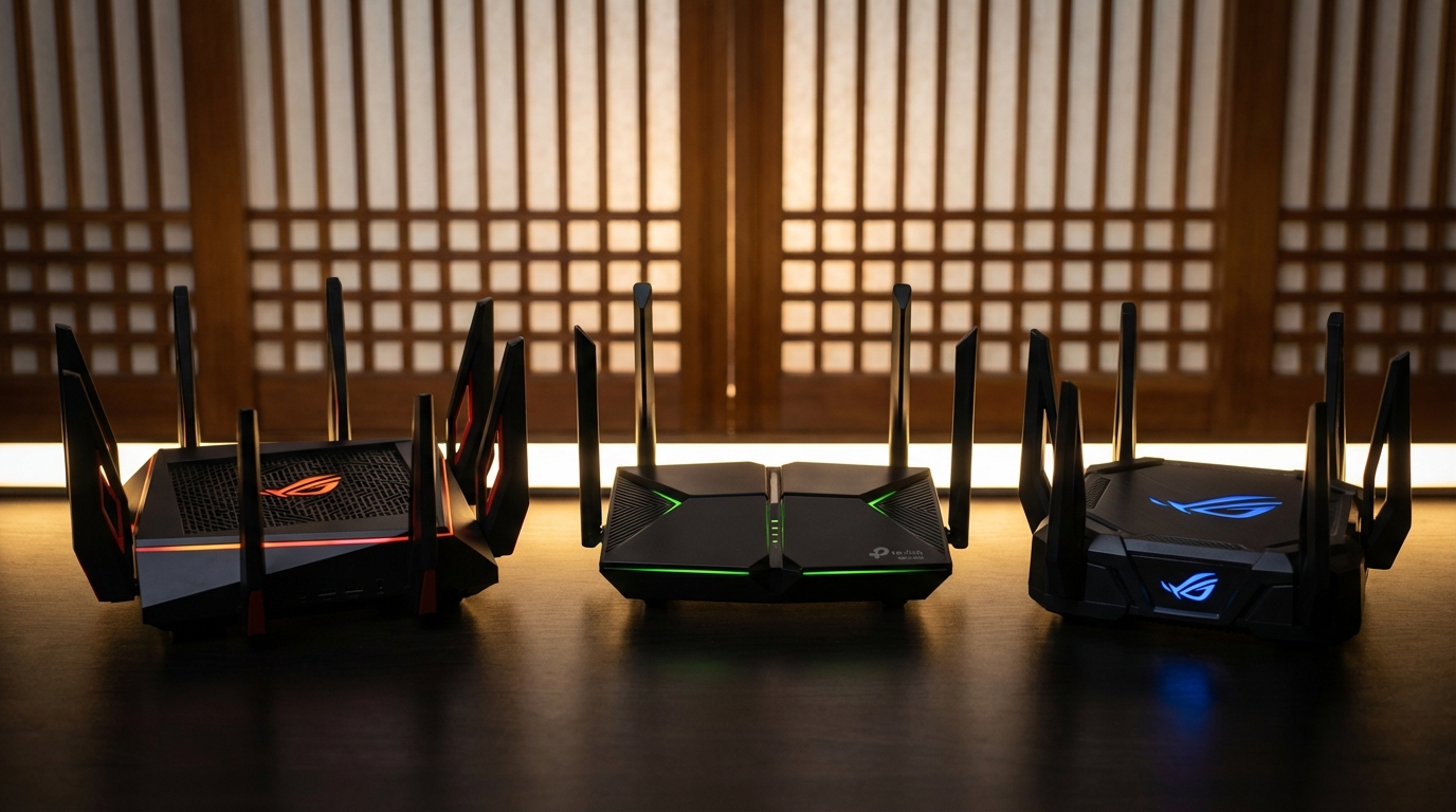 ASUS ROG GT-BE98, TP-Link GE230, ASUS ROG STRIX GS-BE7200X 게이밍 공유기 3종 실사 이미지