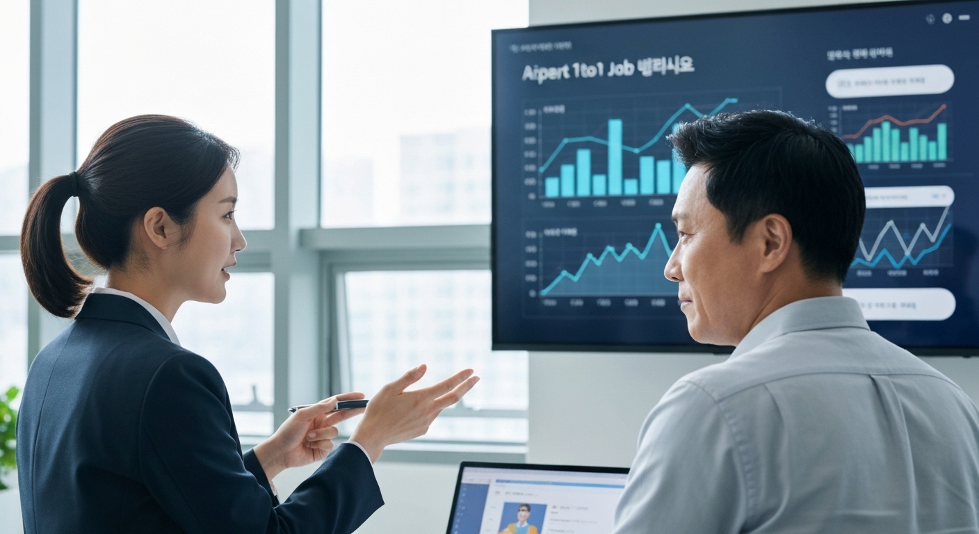 중장년 남성에게 1대1 맞춤형 취업 상담을 하는 취업 컨설턴트와 AI 데이터 화면
