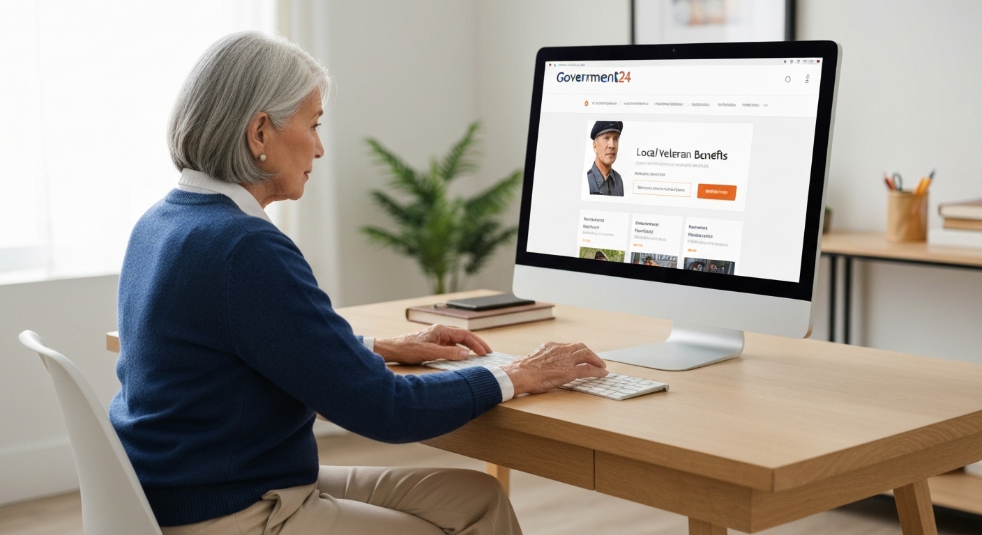 컴퓨터로 정부24 웹사이트에서 지역별 보훈 수당 혜택을 찾아보는 모습