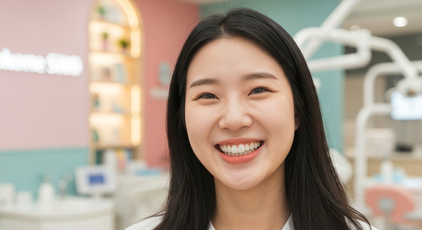 성공적인 임플란트 치료 후 만족스러운 미소를 짓는 한국 환자의 모습