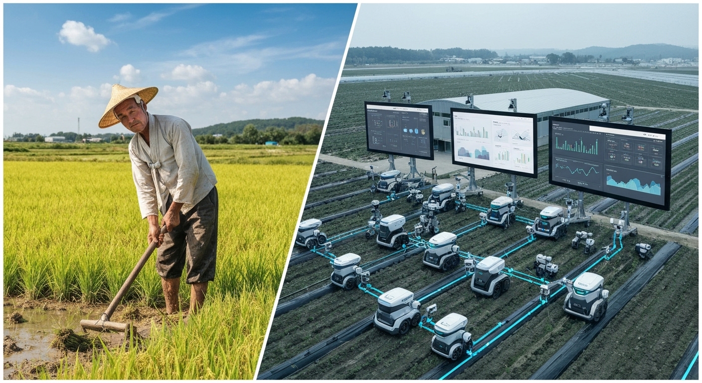 전통 농업과 스마트팜을 대비하여 보여주는 한국 농촌의 농사 풍경 이미지