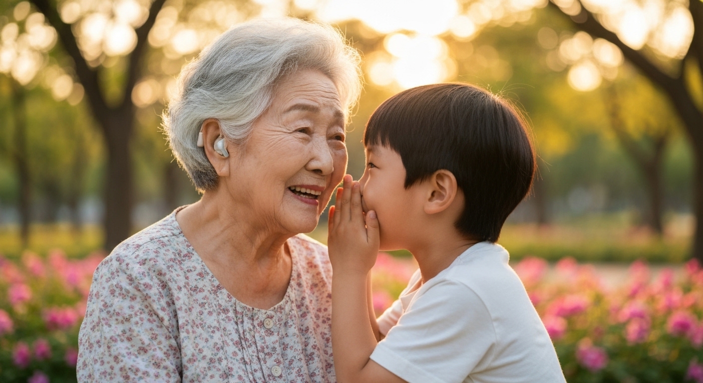 보청기 착용 후 손자와 즐겁게 소통하며 행복해하는 할머니의 모습