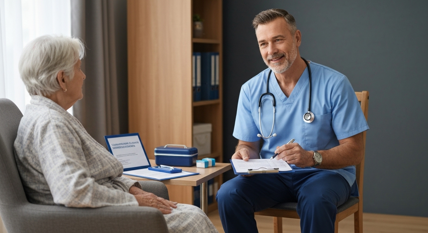 장기요양보험 신청 절차를 위해 노인을 방문하는 간호사와 의료 서류
