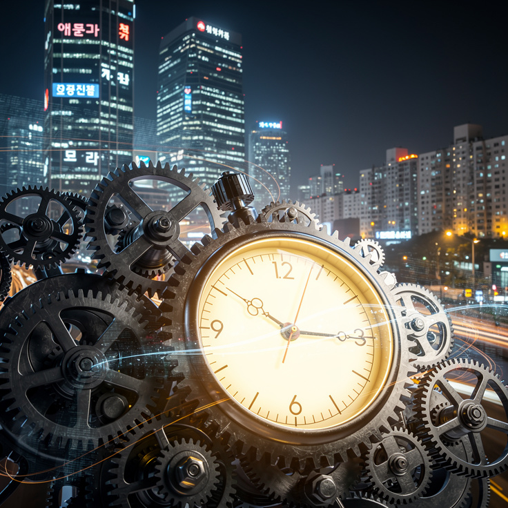 24시간 멈추지 않는 자동화 블로그 시스템을 상징하는 시계와 기어, 한국 도시 야경 배경
