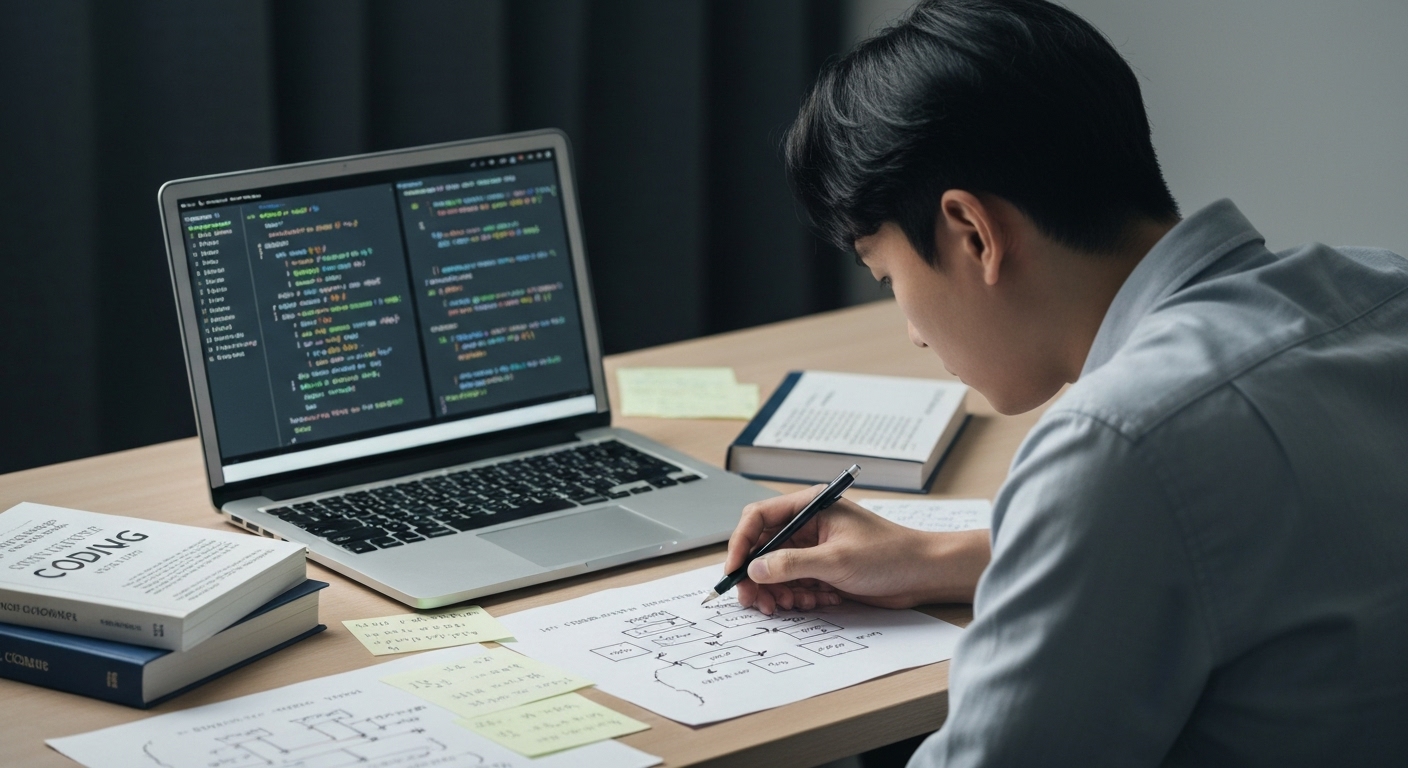 코딩 면접을 준비하는 한국인 개발자의 모습
