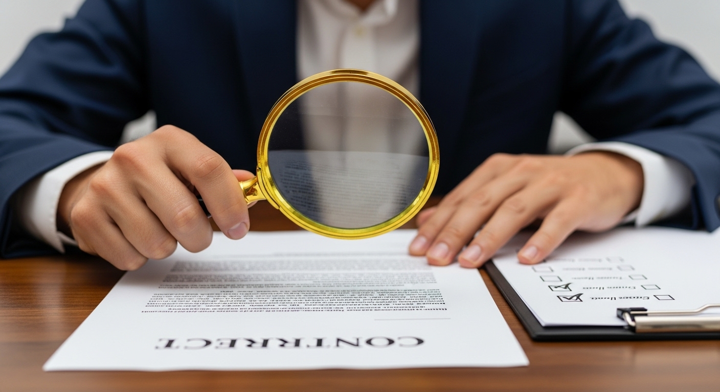 비상주사무실 계약서를 돋보기로 꼼꼼하게 확인하며 실패 없는 선택을 위해 신중을 기하는 모습