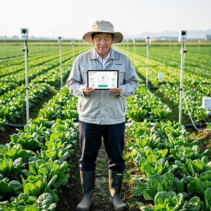 스마트팜에서 데이터 기반으로 농장을 관리하는 한국 농부의 모습