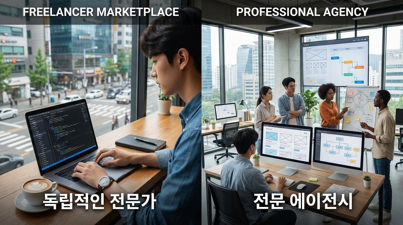 크몽 프리랜서와 전문 에이전시의 홈페이지 제작 비용 및 서비스 차이 비교 이미지
