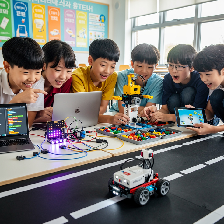 한국 아이들이 사용하는 마이크로비트, 레고 스파이크, 엠봇2 코딩 교구 활용 모습