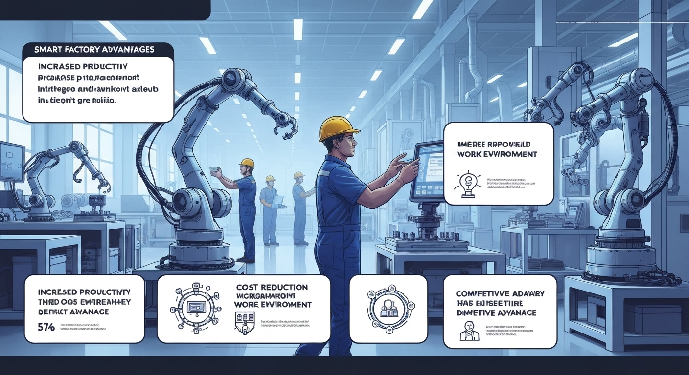 스마트팩토리 도입으로 인한 생산성 향상과 비용 절감, 작업환경 개선 및 경쟁력 강화 효과를 나타내는 인포그래픽