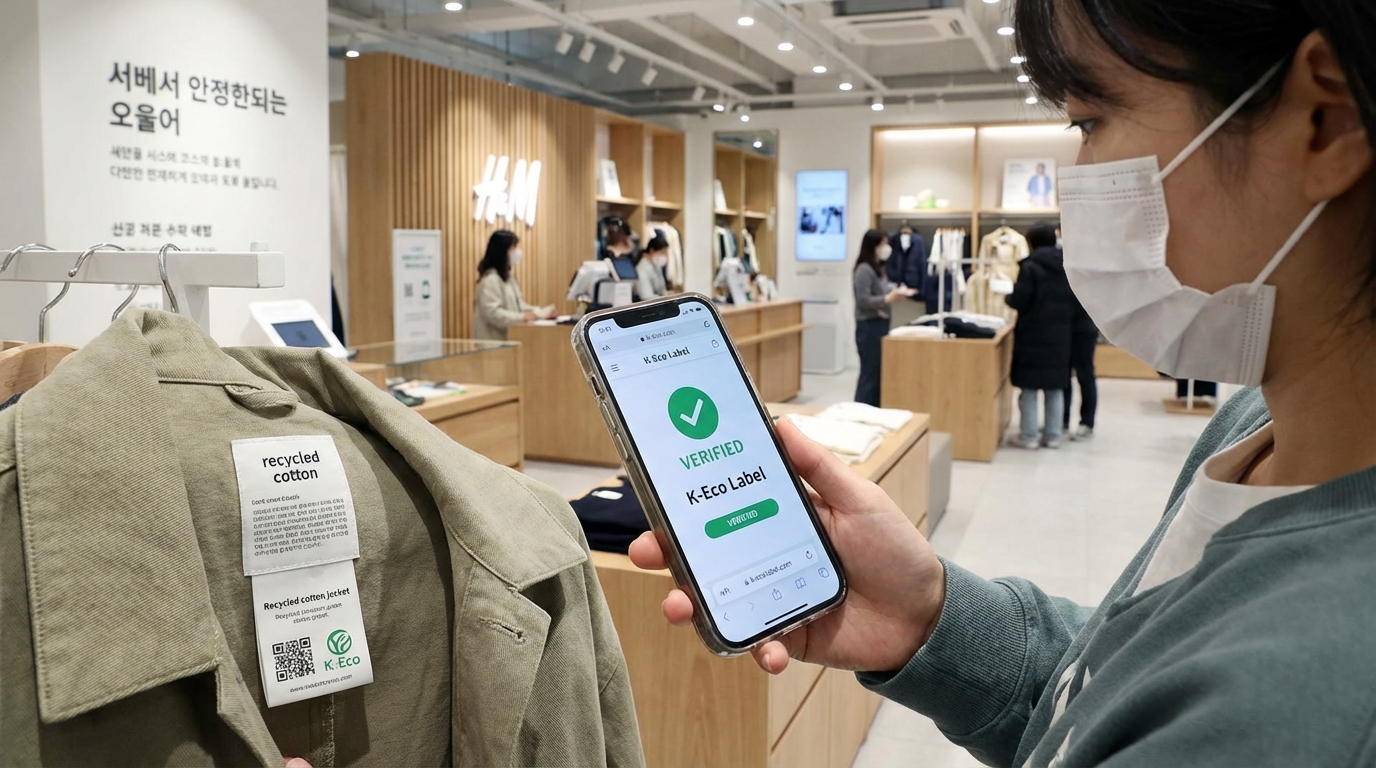 스마트폰으로 의류 인증 번호를 확인하는 한국 매장 환경의 사람 모습