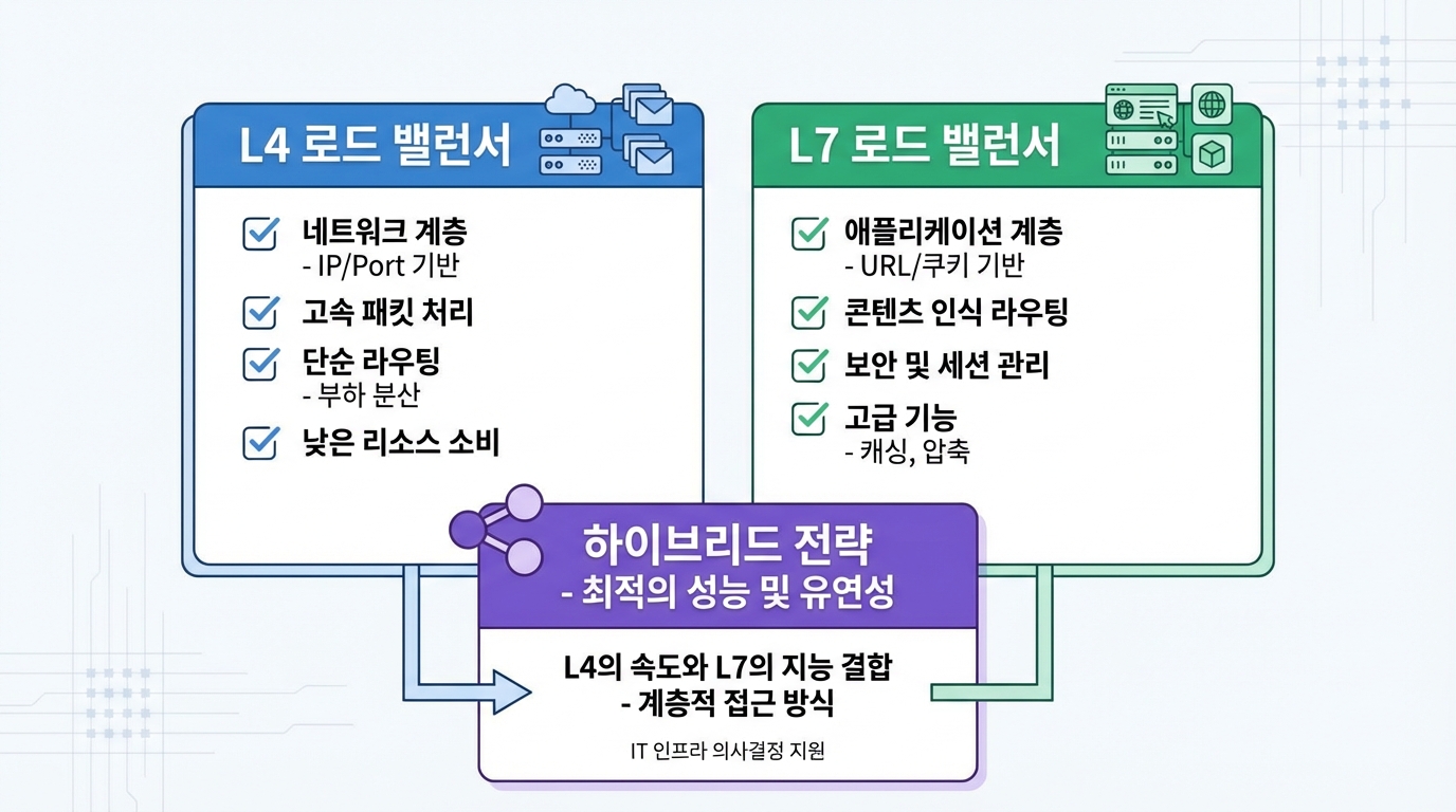 한국어 텍스트로 된 L4와 L7 로드밸런서 선택 체크리스트를 보여주는 인포그래픽