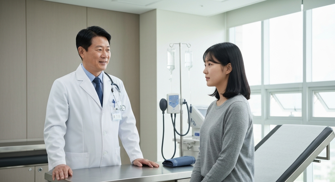 자가진단보다 전문가 진단을 권장하는 한국 병원 내 상담 모습