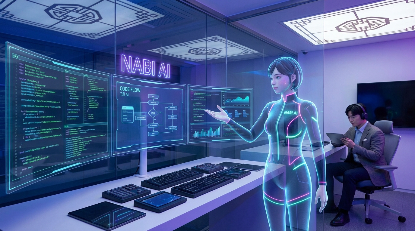 미래형 소프트웨어 에이전트가 여러 화면을 연결하여 코딩 개발을 돕는 모습