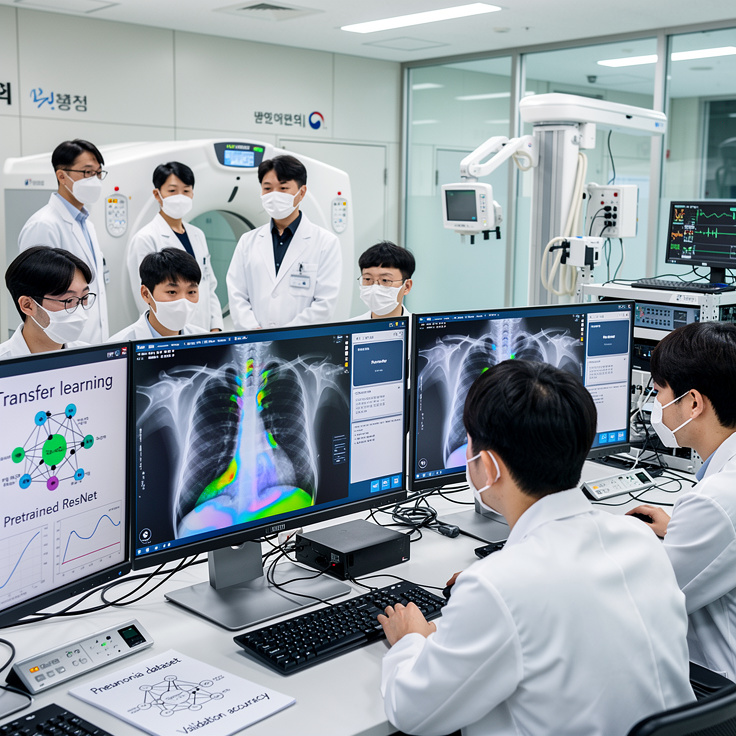 전이학습을 통해 폐렴 진단 AI 모델을 개발하는 의료 AI 연구실 모습