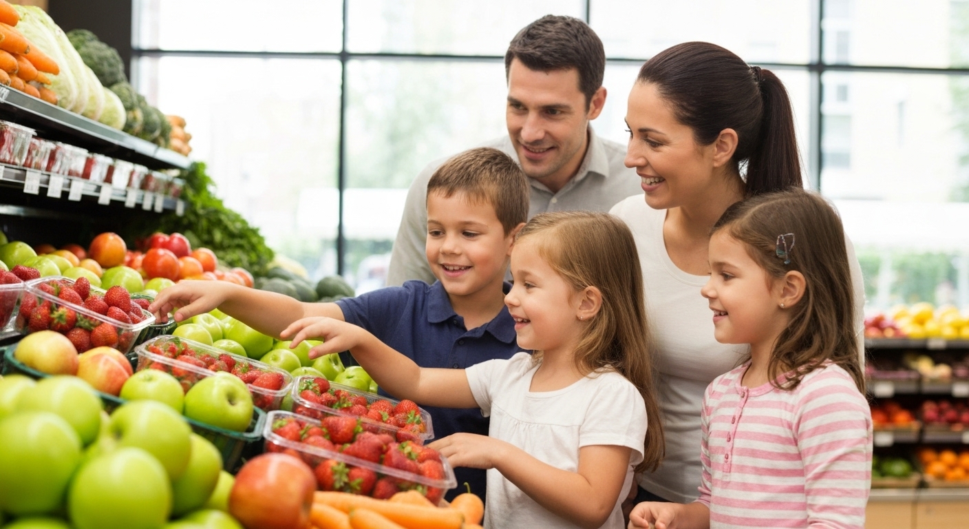 영유아를 포함한 가족이 신선한 과일과 채소를 고르는 모습