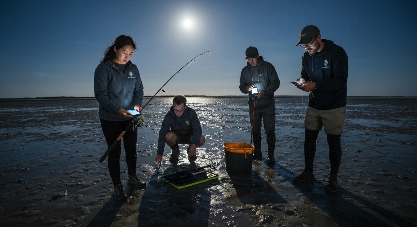 간조 밤 해루질 낚시 준비 중인 사람들과 물때 알람 설정 화면