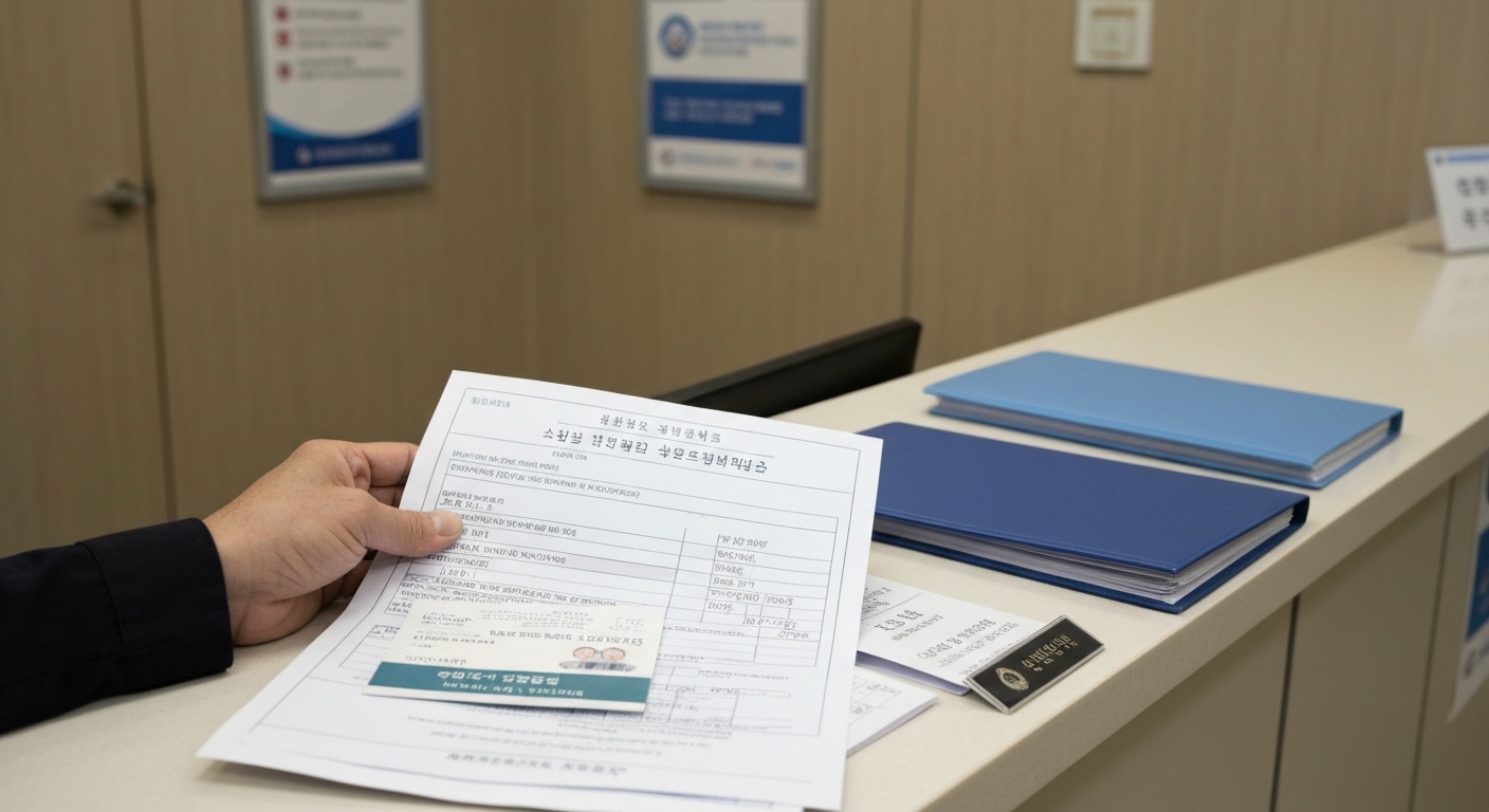 국민건강보험공단 지사 카운터에 놓인 보청기 지원금 신청 서류 뭉치.
